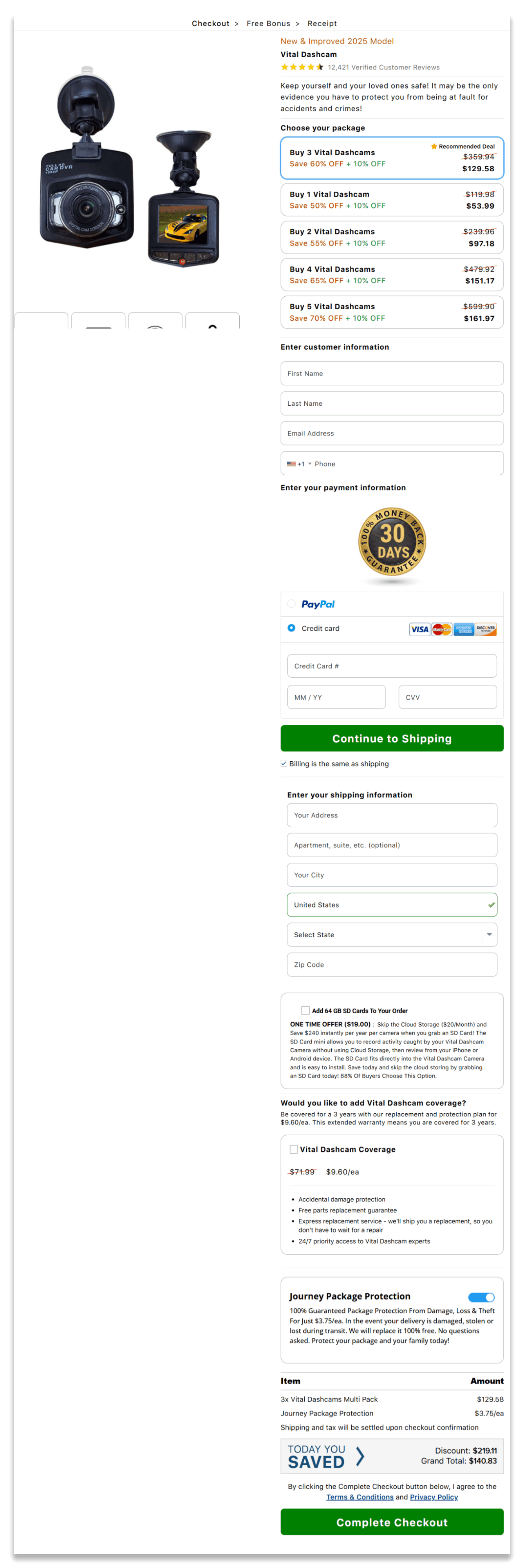 Vital Dash Cam secure checkout page